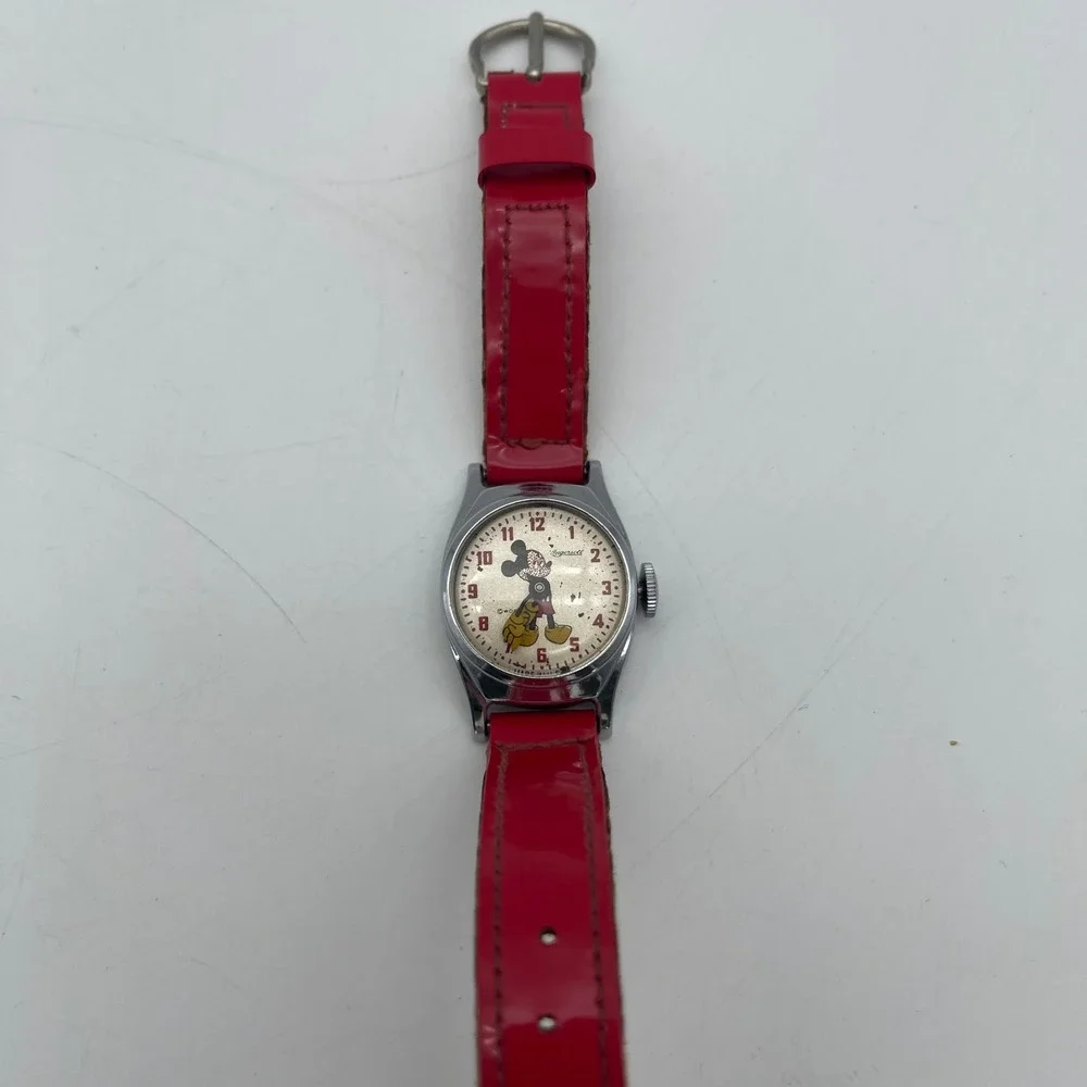 Vintage Ingersoll Mickey Mouse Watch US Time Red Strap Manual Wind AS IS Repair